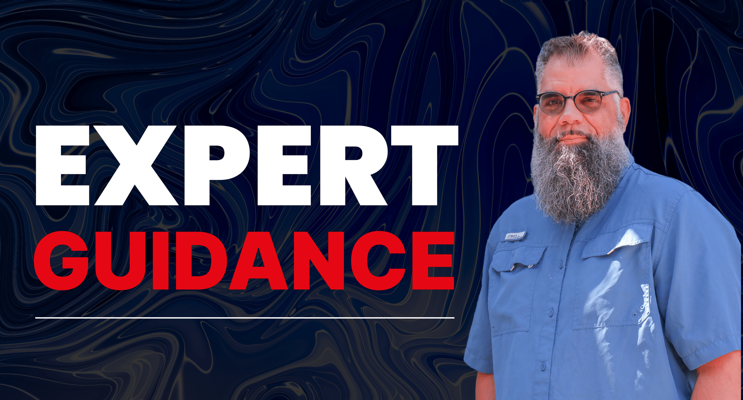 Expert guidance with man in blue shirt, dark background