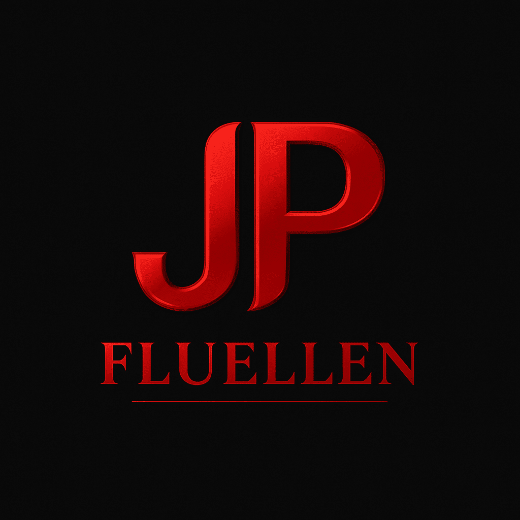 Red JP Fluellen logo on black background.